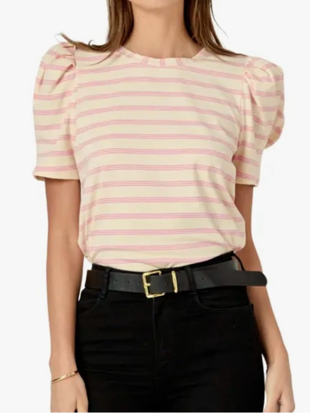 Striped Puff-Sleeve Crewneck Top in Cream & Pink L English Factory